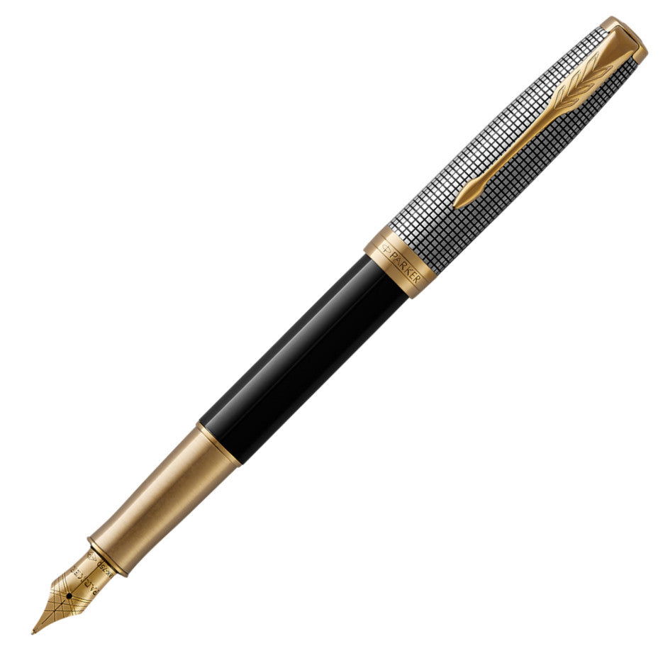 Parker Sonnet Fountain Pen - Chiselled Silver Black Lacquer Gold Trim (18K Gold Nib)