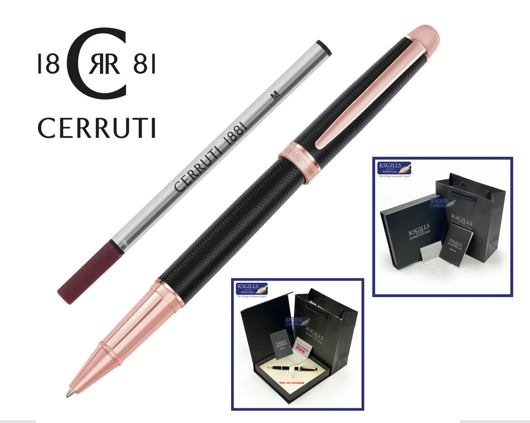 KSG set - Single Pen SET - Cerruti 1881 Holborn Rollerball Pen - Black Rose Gold Trim with Additional Rollerball Black Refill (with KSGILLS Premium Gift Box)