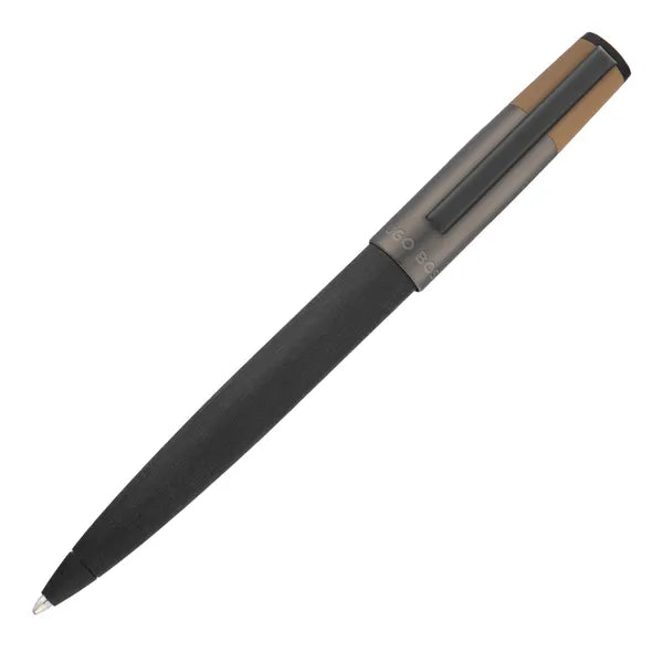 Hugo Boss Gear Balance Ballpoint Pen - 2 Tone Black Body Titanium Grey Brown Cap Black Trims