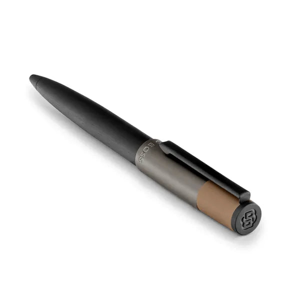 Hugo Boss Gear Balance Ballpoint Pen - 2 Tone Black Body Titanium Grey Brown Cap Black Trims