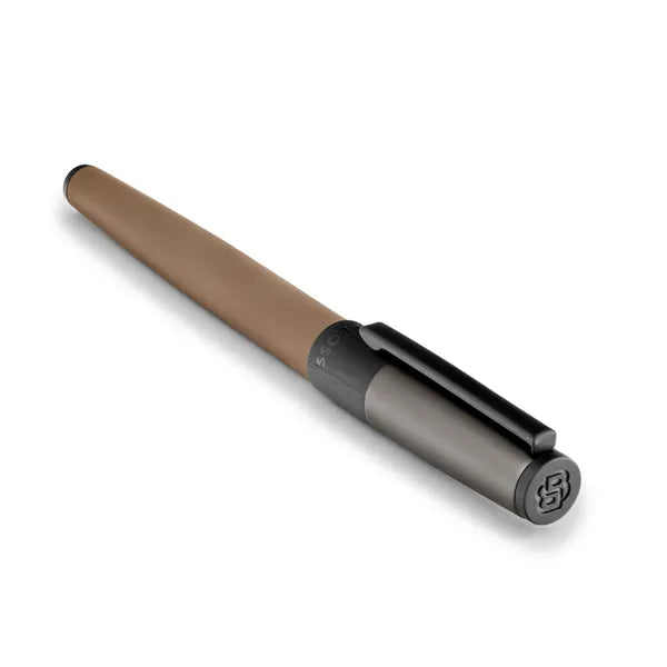 Hugo Boss Gear Balance Rollerball Pen - 2 Tone Brown Body Titanium Grey Cap Black Trims