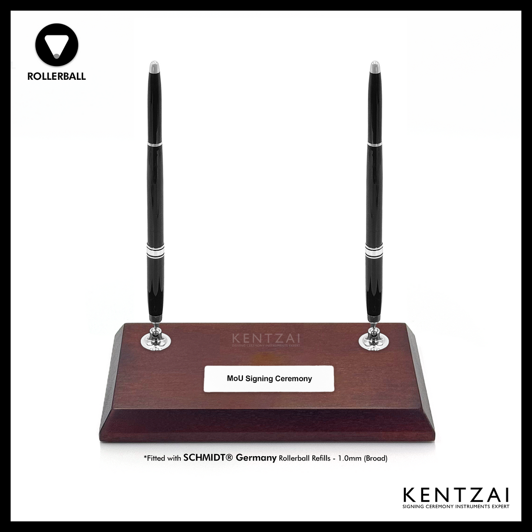 KENTZAI Desk Pen Stand - WOOD Brown NYATOH - DOUBLE Rollerball Pens - CHROME Trim - Signing Ceremony Set