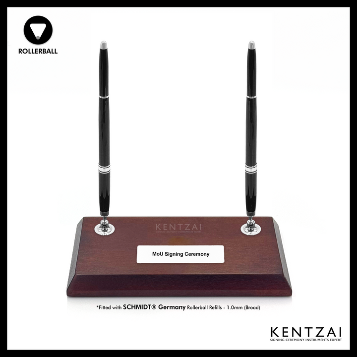 KENTZAI Desk Pen Stand - WOOD Brown NYATOH - DOUBLE Rollerball Pens - CHROME Trim - Signing Ceremony Set