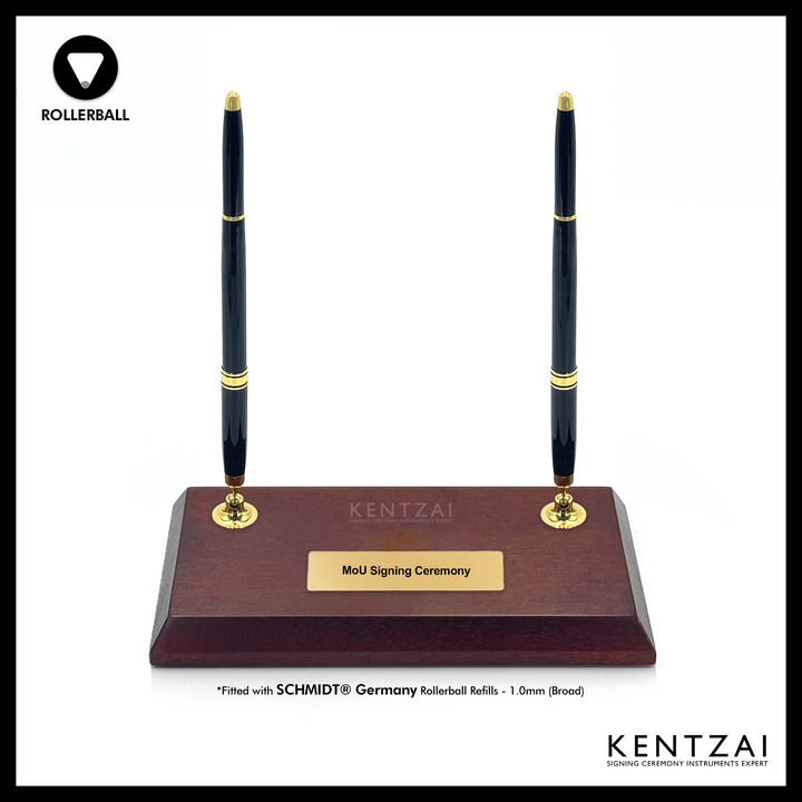 KENTZAI Desk Pen Stand - WOOD Brown NYATOH - DOUBLE Rollerball Pen - GOLD Trim - Signing Ceremony Set