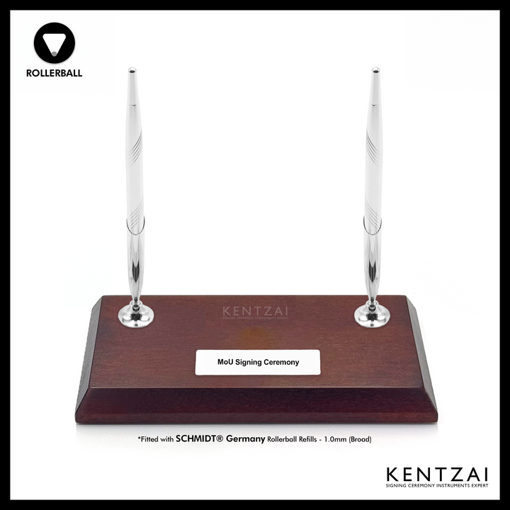KENTZAI Desk Pen Stand - WOOD Brown NYATOH - DOUBLE Rollerball Pens - FULL CHROME Trim - Signing Ceremony Set