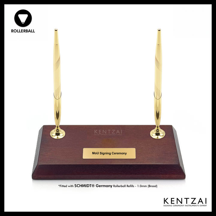 KENTZAI Desk Pen Stand - WOOD Brown NYATOH - DOUBLE Rollerball Pens - FULL GOLD Trim - Signing Ceremony Set