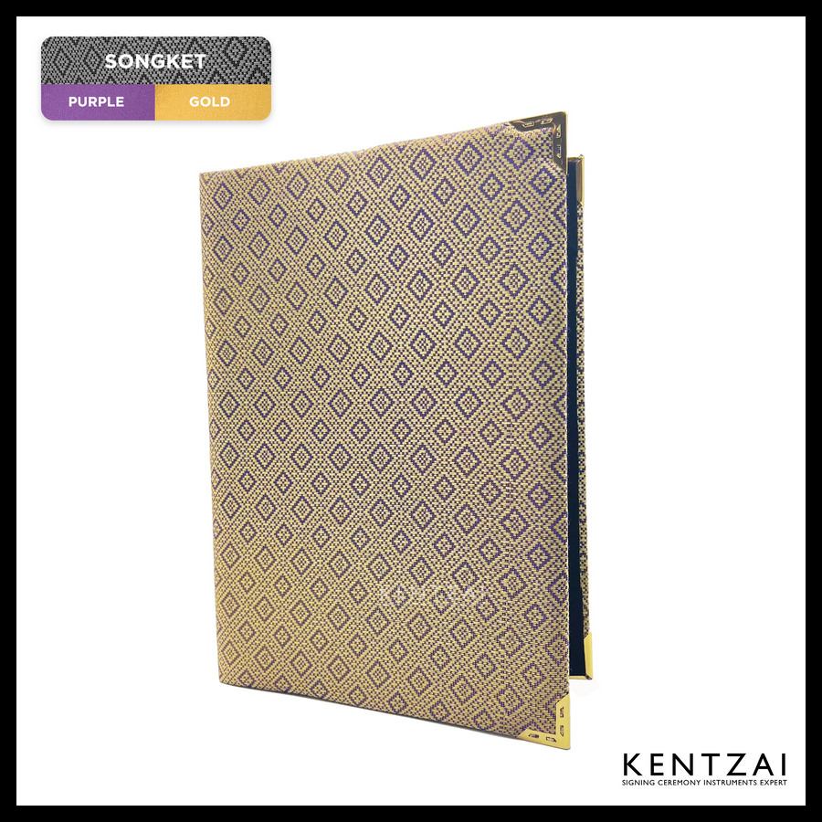 KENTZAI Signing Ceremony EXCLUSIVE A4 Document Folder SONGKET Cloth - PURPLE (VIOLET) GOLD Songket Cover, Black Velvet Inside - KSGILLS.com | The Writing Instruments Expert