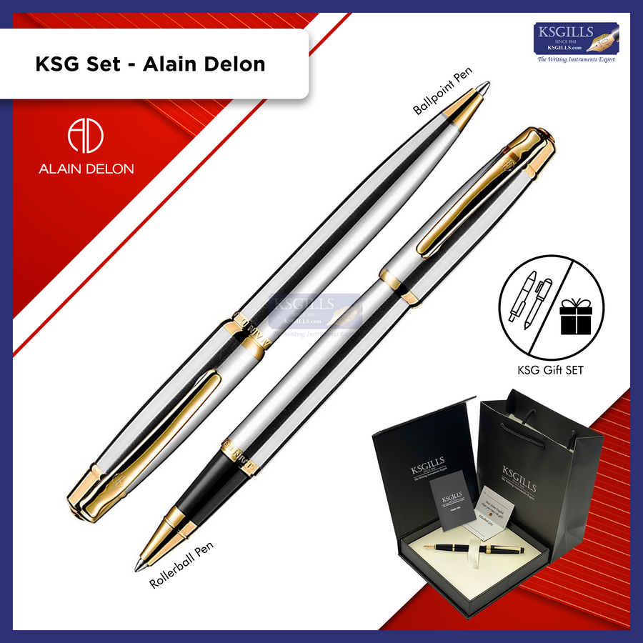 KSG set - Alain Delon Deco Rollerball & Ballpoint Pen - Stainless Steel Gold Trim (Silver) (with KSGILLS Premium Gift Box) - KSGILLS.com | The Writing Instruments Expert