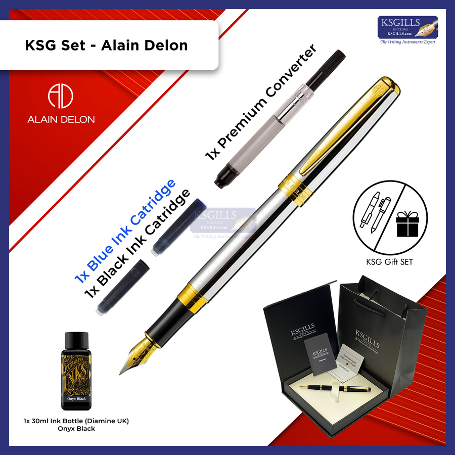 KSG set - Alain Delon Moritz Fountain Pen - Brushed Stainless Steel Gold Trim - Double Broad (BB) - (with KSGILLS Premium Gift Box) - KSGILLS.com | The Writing Instruments Expert