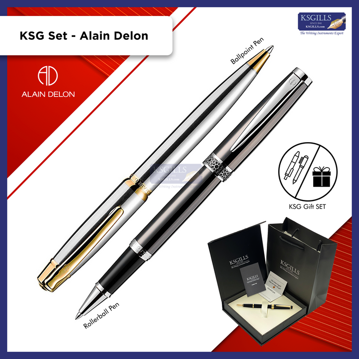 KSG set - Alain Delon Rollerball (Florence Grey Titanium Chrome Trim) & Ballpoint Pen (Deco Steel Gold Trim) - KSGILLS.com | The Writing Instruments Expert