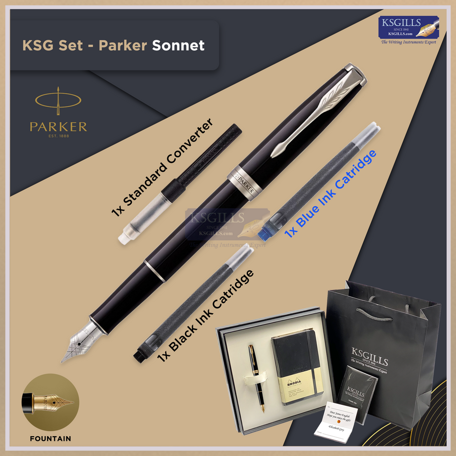 KSG set - Notebook SET & SINGLE Pen (Parker Sonnet Essentials) Fountain Pen (M) - Black Chrome Trim (Lacquer Shinny) with RHODIA A6 Notebook - KSGILLS.com | The Writing Instruments Expert