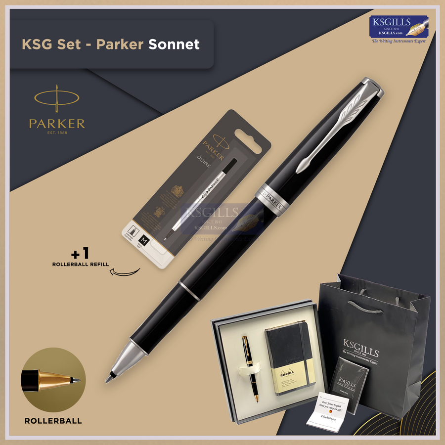 KSG set - Notebook SET & SINGLE Pen (Parker Sonnet Essentials) Rollerball Pen - Black Chrome Trim (Lacquer Shinny) with RHODIA A6 Notebook - KSGILLS.com | The Writing Instruments Expert