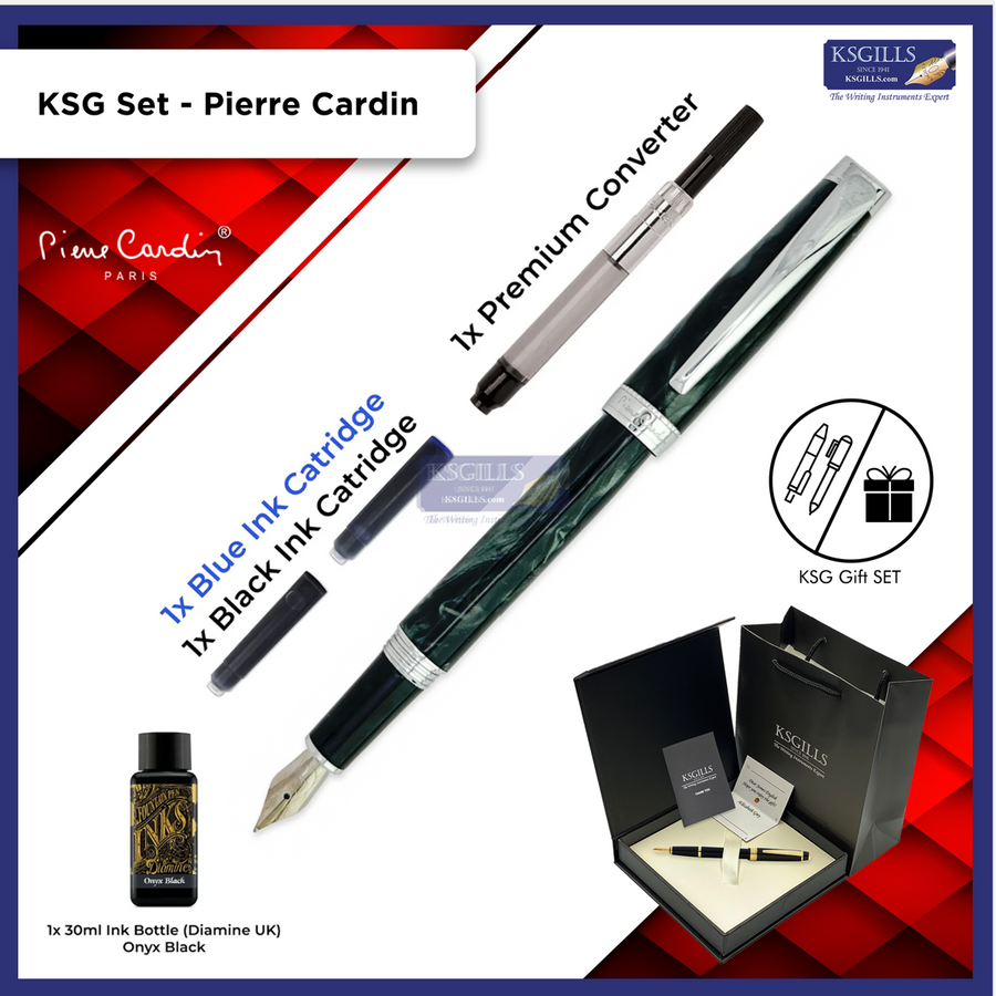 KSG set - Pierre Cardin Merlot Fountain Pen - Black Green Marble Chrome Trim (with LASER Engraving) - KSGILLS.com | The Writing Instruments Expert