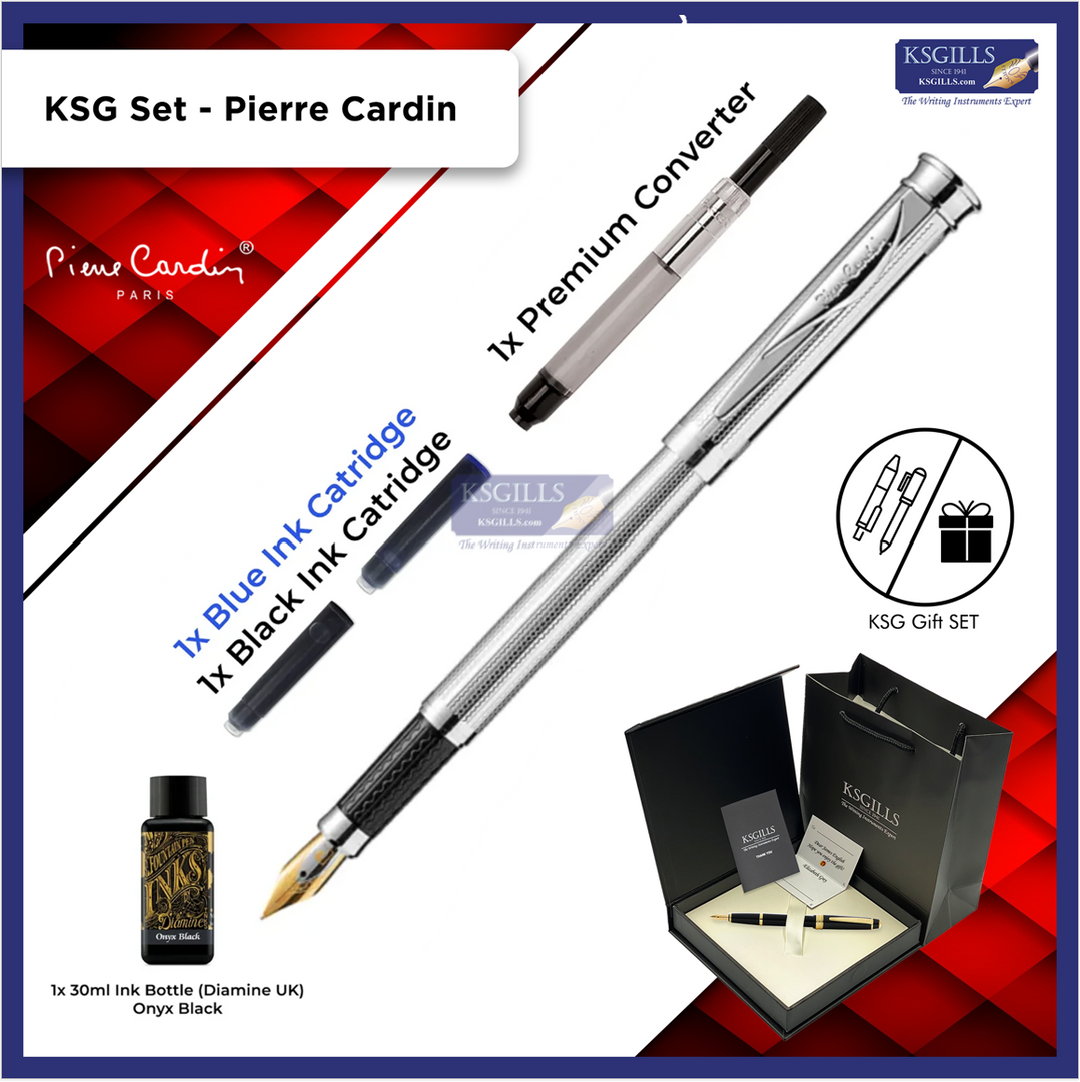 KSG Set - Pierre Cardin Pluto Premium Fountain Pen - Stainless Steel Shinny Chrome Trim (with LASER Engraving) - KSGILLS.com | The Writing Instruments Expert
