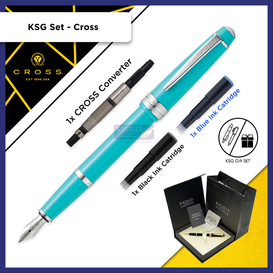 KSG set - Cross Bailey Light Fountain Pen SET - Teal Chrome Trim (Deep Blue-Green) Glossy Polished Resin - KSGILLS.com | The Writing Instruments Expert