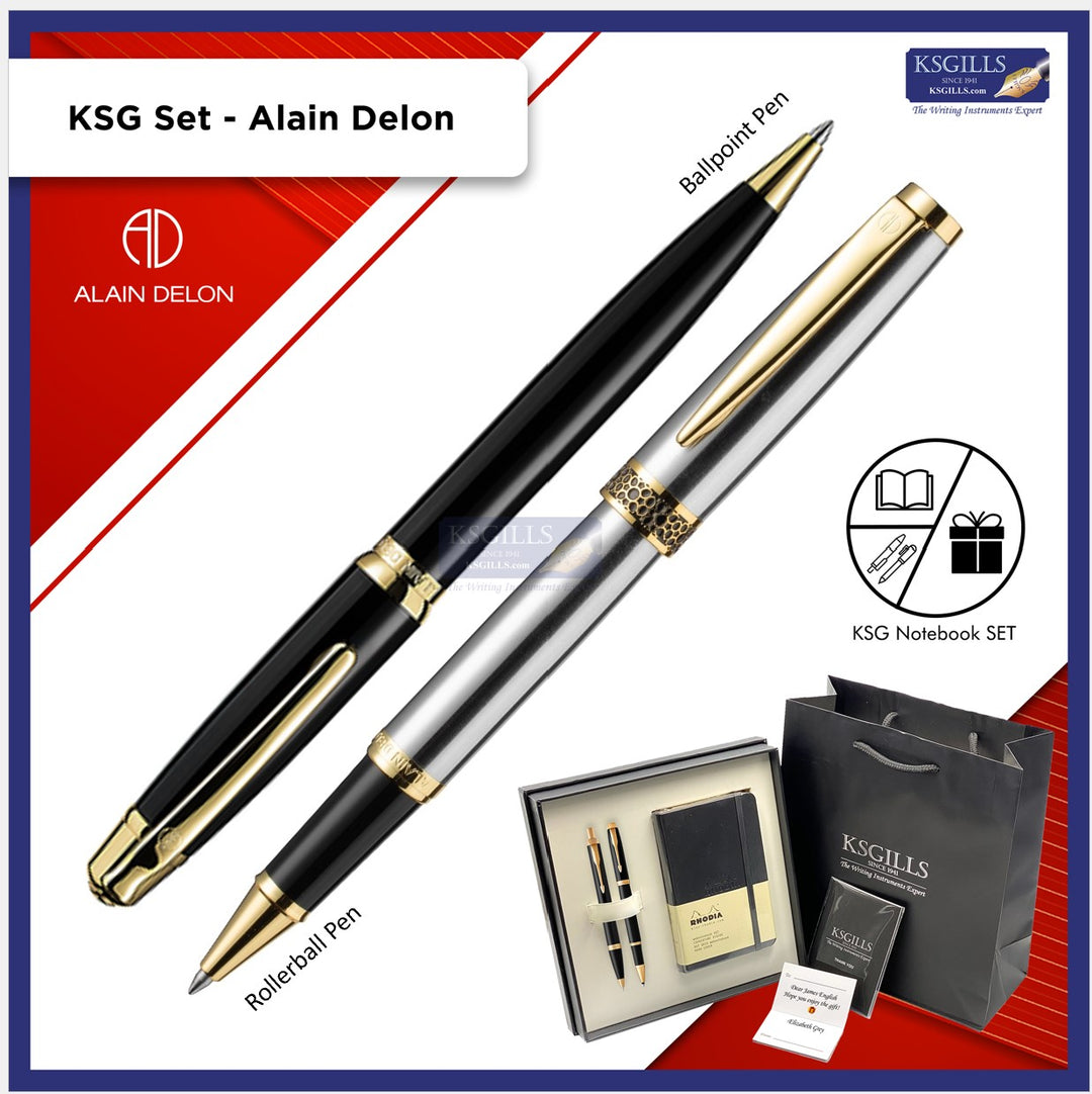 KSG set - Double Pens - Alain Delon Rollerball PREMIUM Size (Florence Steel Gold Trim) & Ballpoint Pen (Deco Black Gold Trim) with Luxury Gift Box (BIG) + Notebook