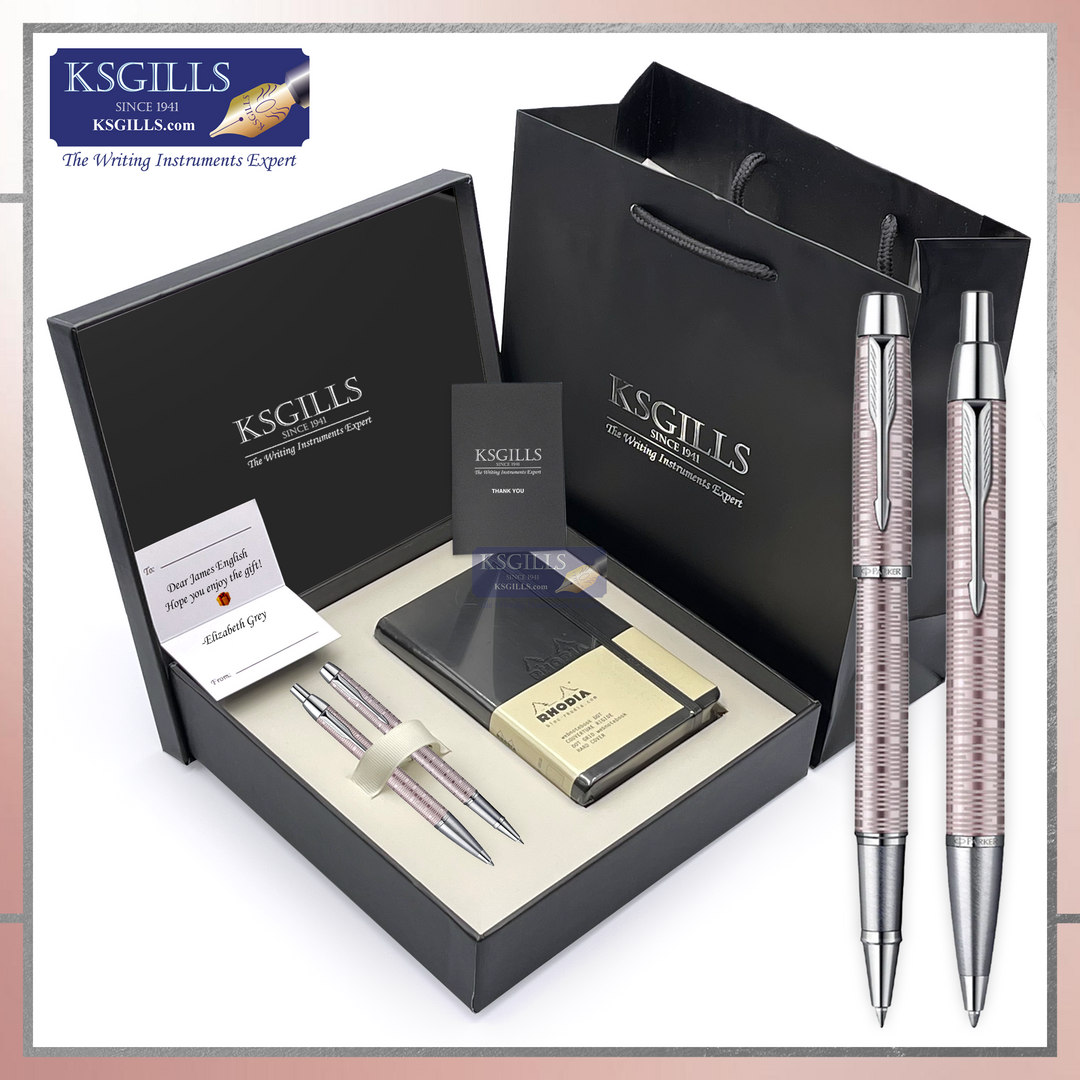 KSG set - Notebook SET & Double Pens (Parker IM Premium Essentials Rollerball & Ballpoint Pen - Pink Vacumatic Chrome Trim) with RHODIA A6 Notebook - KSGILLS.com | The Writing Instruments Expert