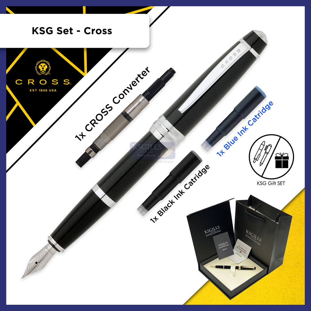 KSG set - Single Pen SET - Cross Bailey Fountain Pen - Black Chrome Trim - Medium (M) - KSGILLS.com | The Writing Instruments Expert