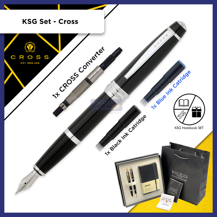 KSG set - Single Pen SET - Cross Bailey Fountain Pen - Black Chrome Trim - Medium (M) - KSGILLS.com | The Writing Instruments Expert