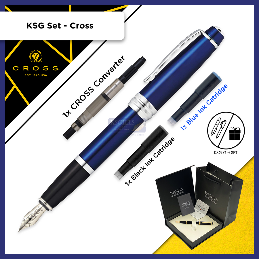 KSG set - Single Pen SET - Cross Bailey Fountain Pen - Blue Chrome Trim - Medium (M) - KSGILLS.com | The Writing Instruments Expert