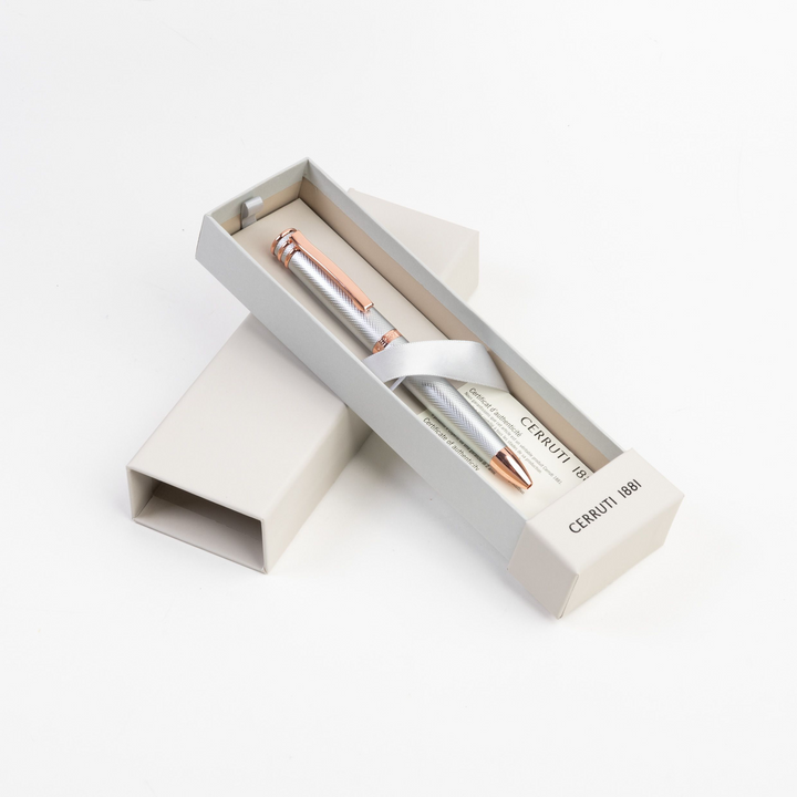 Cerruti 1881 Austin Diamond Ballpoint Pen - Brushed Steel Rose Gold Trim - KSGILLS.com | The Writing Instruments Expert