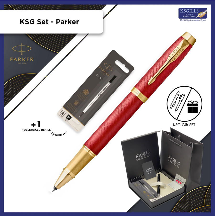 Parker IM Premium Rollerball Pen - Red Chiselled Gold Trim (with KSGILLS Premium Gift Box) - KSGILLS.com | The Writing Instruments Expert