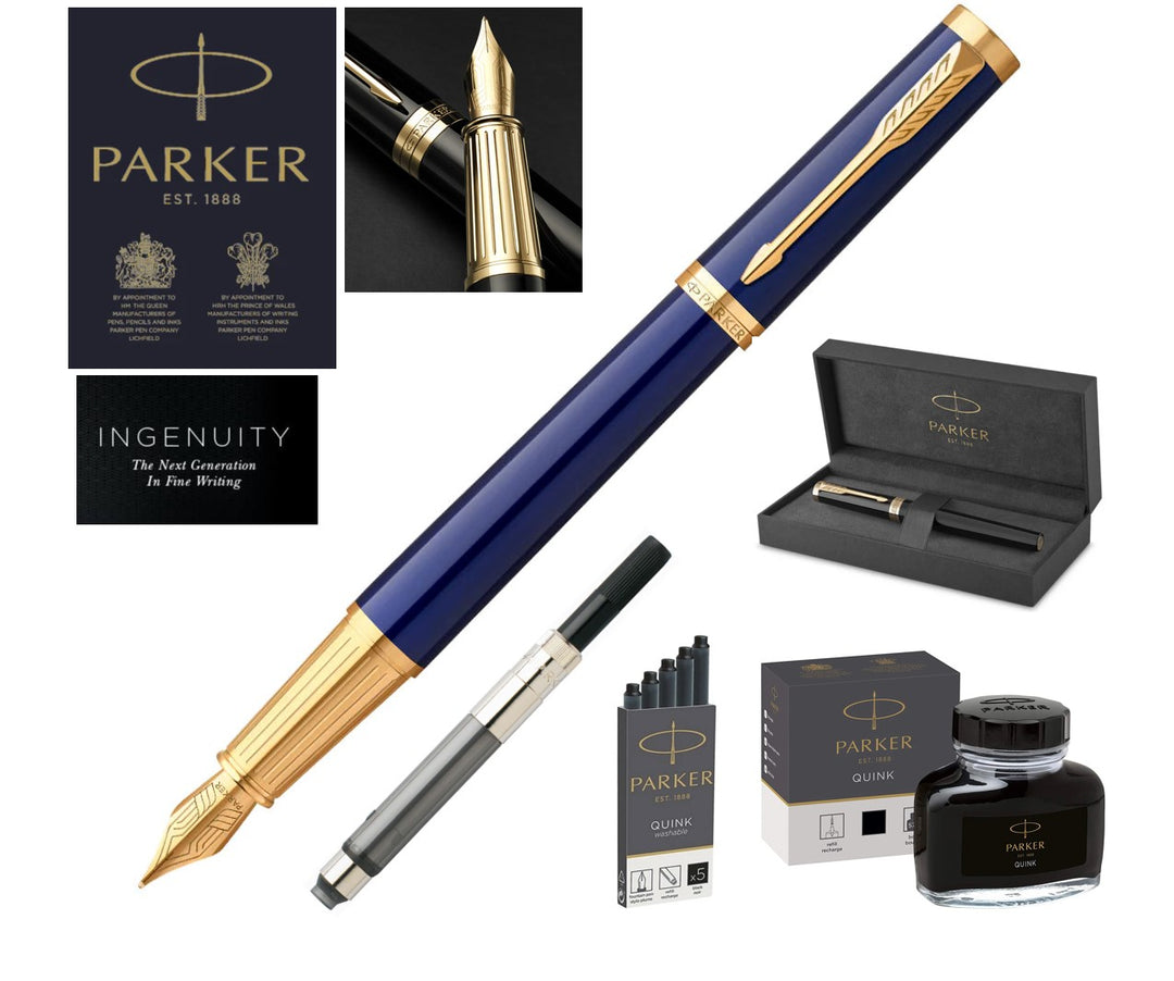 Parker Ingenuity Fountain Pen SET & Accessories - Blue Gold Trim (Medium) with FREE LASER Engraving
