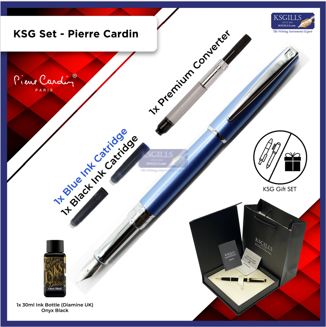 KSG Set - Pierre Cardin Aquarius Executive Pearlescent Fountain Pen - Blue Purple Chrome Trim Lacquer Shinny (with LASER Engraving) - KSGILLS.com | The Writing Instruments Expert
