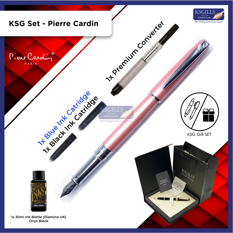 KSG Set - Pierre Cardin Aquarius Executive Pearlescent Fountain Pen - Pink Chrome Trim Lacquer Shinny (with LASER Engraving) - KSGILLS.com | The Writing Instruments Expert