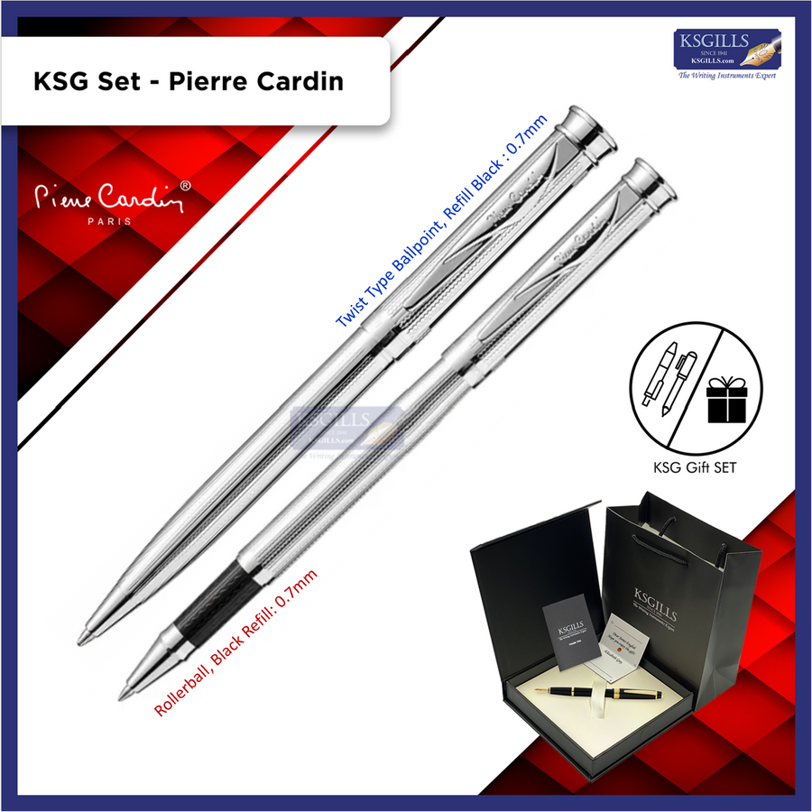 KSG set - Double Pen Set - Pierre Cardin Pluto Premium Rollerball & Ballpoint - Stainless Steel Shinny Chrome Trim (with LASER Engraving) - KSGILLS.com | The Writing Instruments Expert