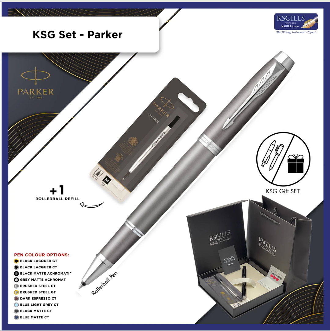 Parker IM Rollerball Pen - Writing Rituals - Grey Chrome Trim - Refill Black Medium (M)