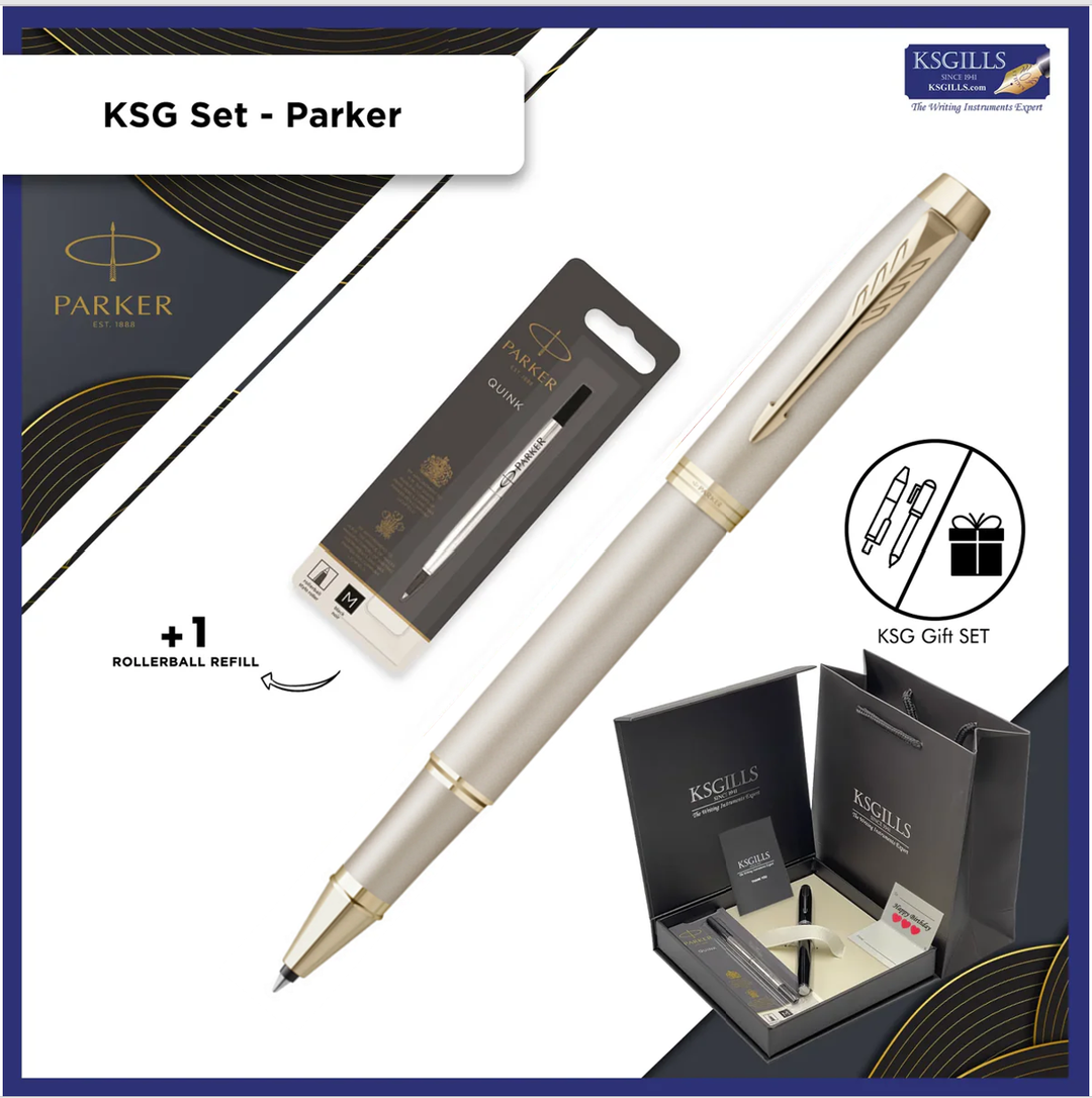 KSG set - Single Pen SET - Parker IM Monochrome Rollerball Pen - Champagne Gold Trim with Additional Rollerball Black Refill