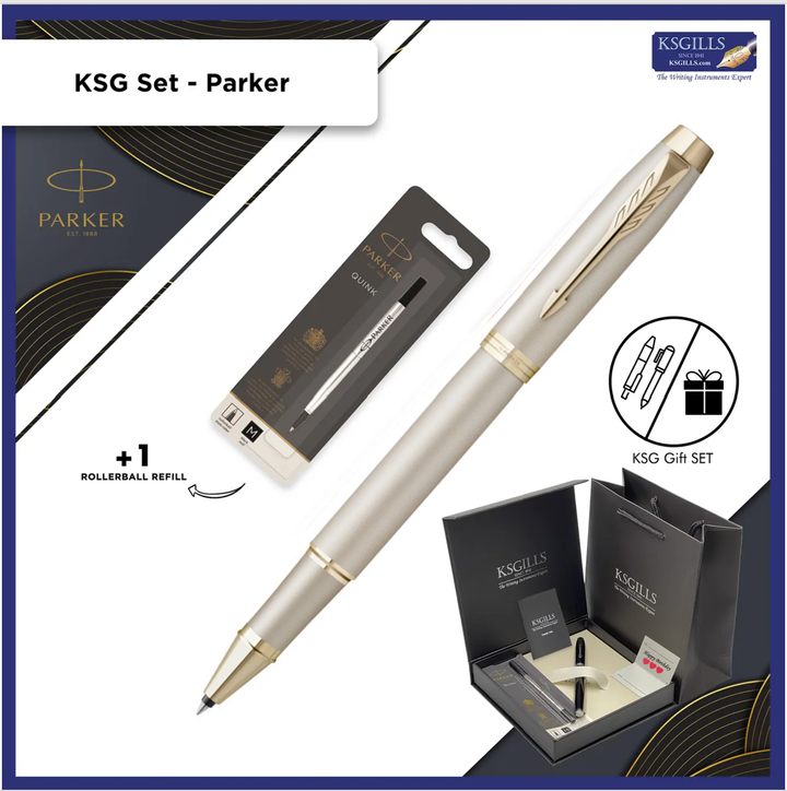 KSG set - Single Pen SET - Parker IM Monochrome Rollerball Pen - Champagne Gold Trim with Additional Rollerball Black Refill