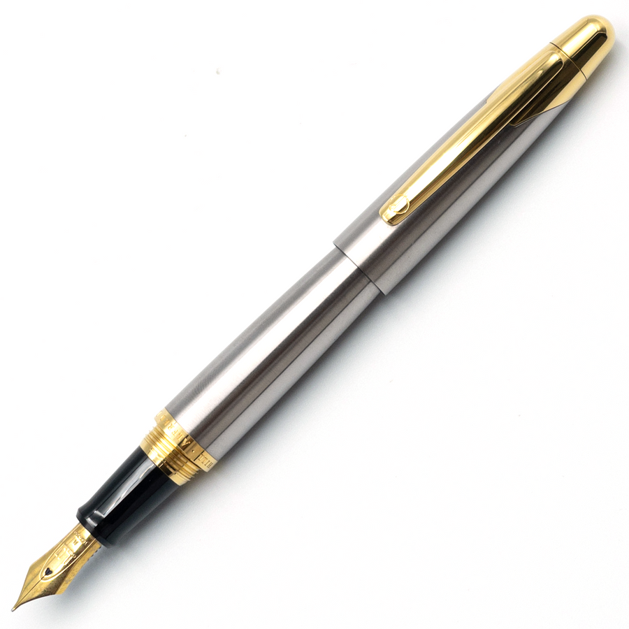 Dunhill Aldune Fountain Pen - Brushed Steel Gold Trim 18K Gold - KSGILLS.com | The Writing Instruments Expert