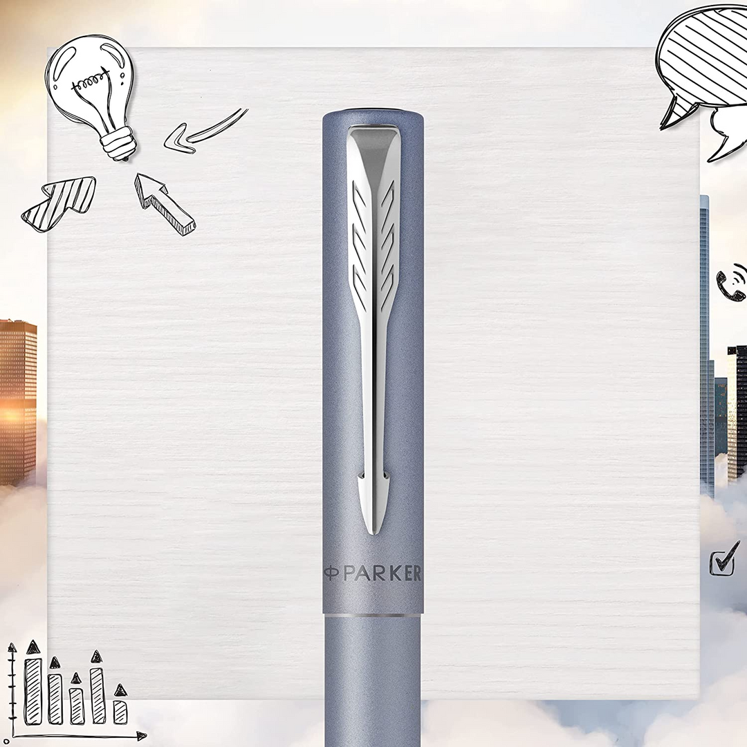 Parker Vector XL Rollerball Pen - Silver Blue Chrome Trim - Refill Black Medium - KSGILLS.com | The Writing Instruments Expert
