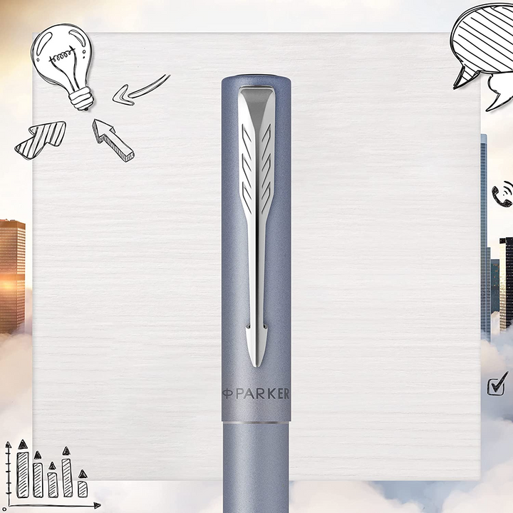 Parker Vector XL Rollerball Pen - Silver Blue Chrome Trim - Refill Black Medium - KSGILLS.com | The Writing Instruments Expert