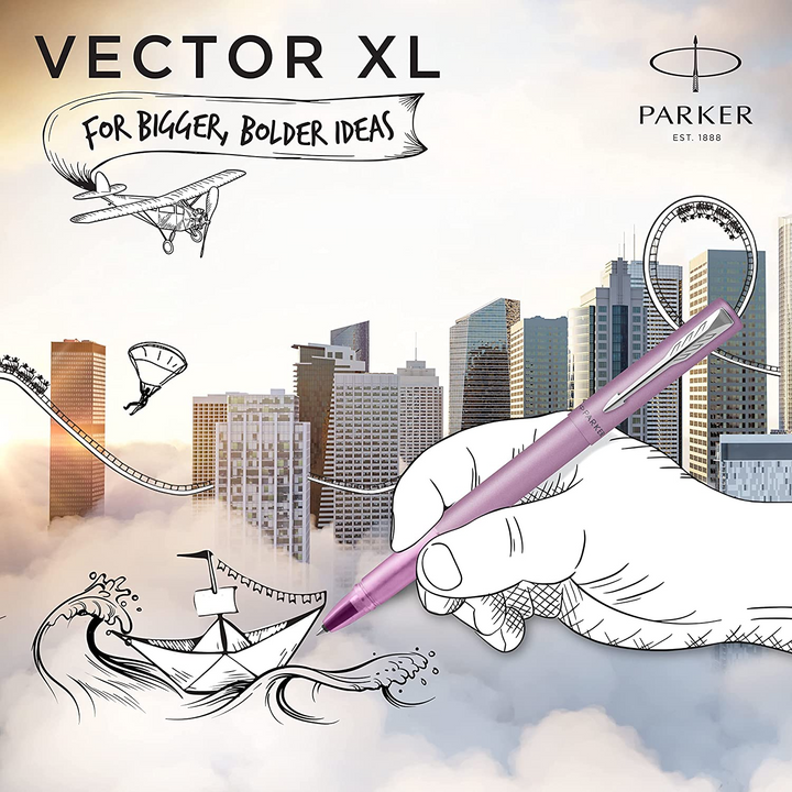 Parker Vector XL Rollerball Pen - Lilac Pink Chrome Trim - Refill Black Medium - KSGILLS.com | The Writing Instruments Expert