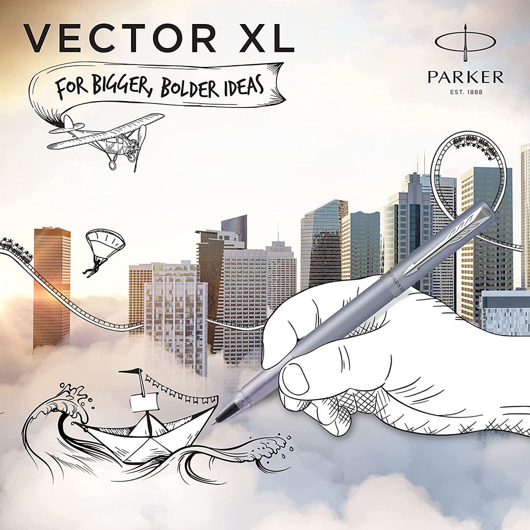 Parker Vector XL Rollerball Pen - Silver Blue Chrome Trim - Refill Black Medium - KSGILLS.com | The Writing Instruments Expert