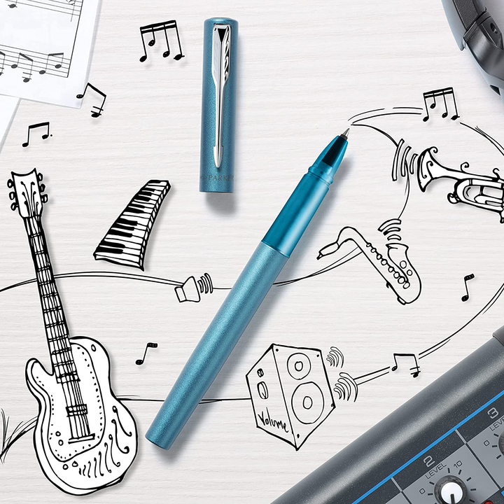 Parker Vector XL Rollerball Pen - Teal Blue Chrome Trim - Refill Black Medium - KSGILLS.com | The Writing Instruments Expert