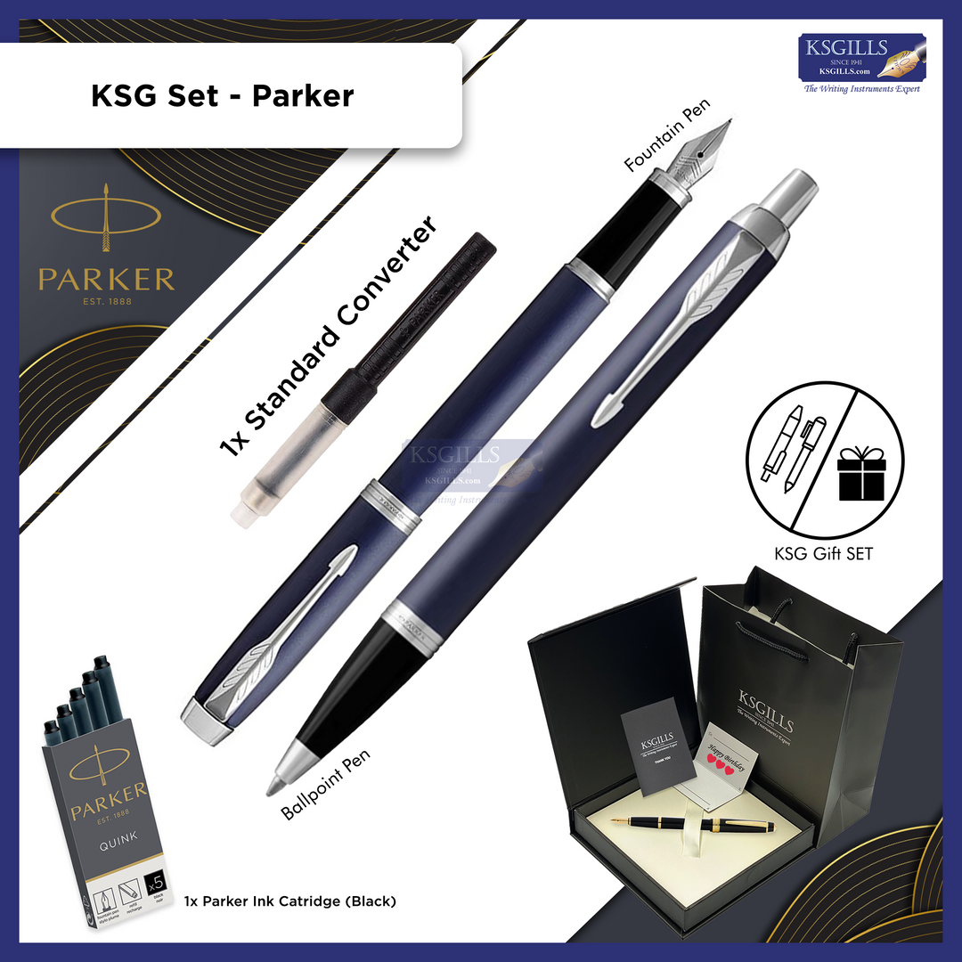 KSG set - Parker IM SET Fountain & Ballpoint Pen Set - Blue Matte Chrome Trim - KSGILLS.com | The Writing Instruments Expert