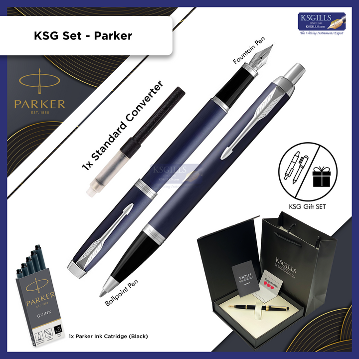 KSG set - Parker IM SET Fountain & Ballpoint Pen Set - Blue Matte Chrome Trim - KSGILLS.com | The Writing Instruments Expert