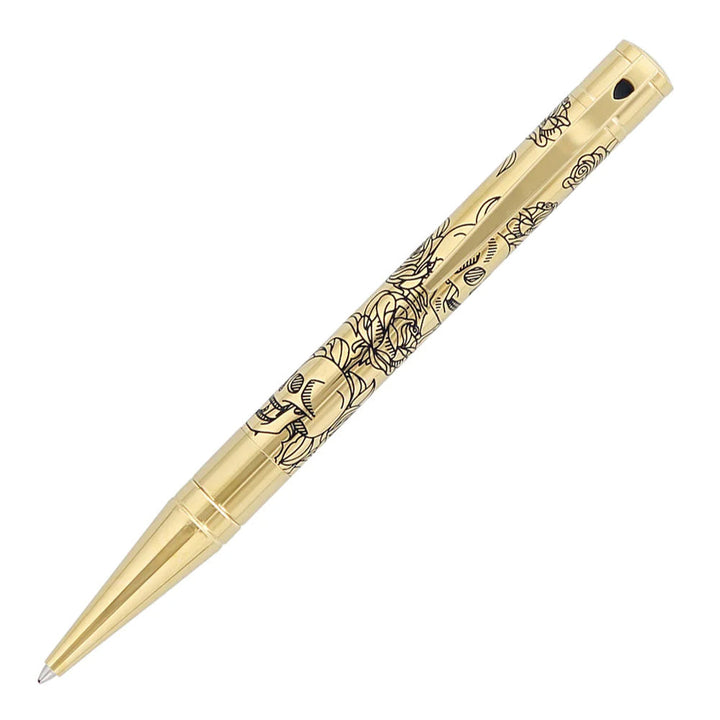 S.T. Dupont D-Initial Ballpoint Pen - Golden Lacquer Tattoo Skulls & Roses Gold Trim - KSGILLS.com | The Writing Instruments Expert