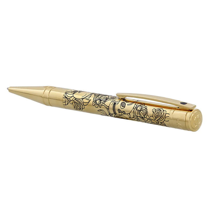 S.T. Dupont D-Initial Ballpoint Pen - Golden Lacquer Tattoo Skulls & Roses Gold Trim - KSGILLS.com | The Writing Instruments Expert