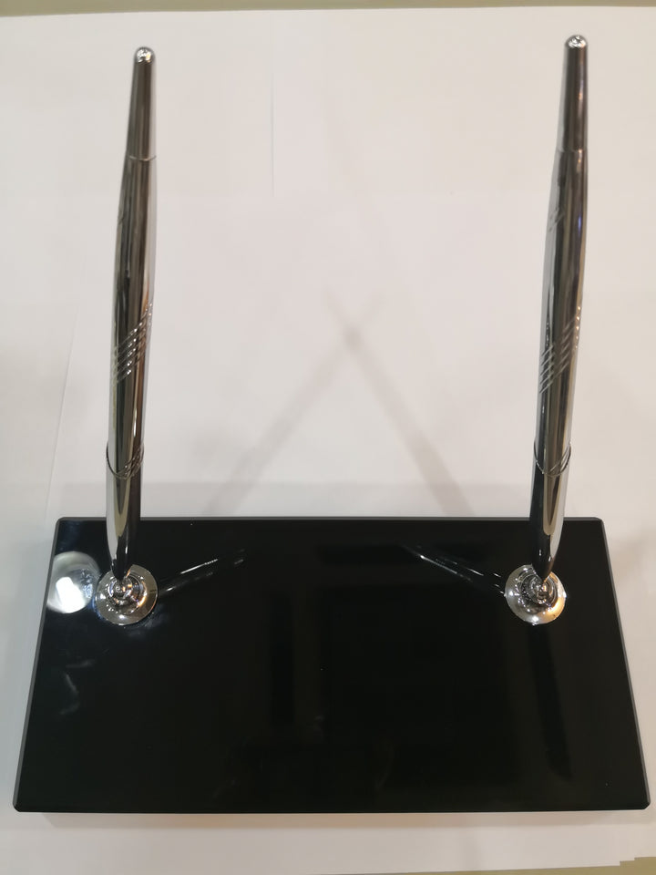 KENTZAI Desk Pen Stand - Full Black Shinny RESIN Chrome Trim (DOUBLE Pens) - FULL CHROME ROLLERBALL - Signing Ceremony Set - KSGILLS.com | The Writing Instruments Expert