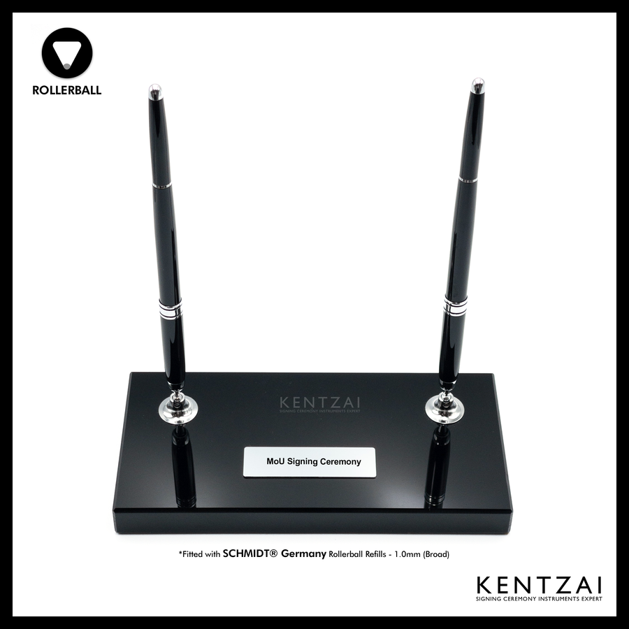 KENTZAI Desk Pen Stand - Full Black Shinny RESIN Chrome Trim (DOUBLE Pens) - ROLLERBALL - Signing Ceremony Set - KSGILLS.com | The Writing Instruments Expert