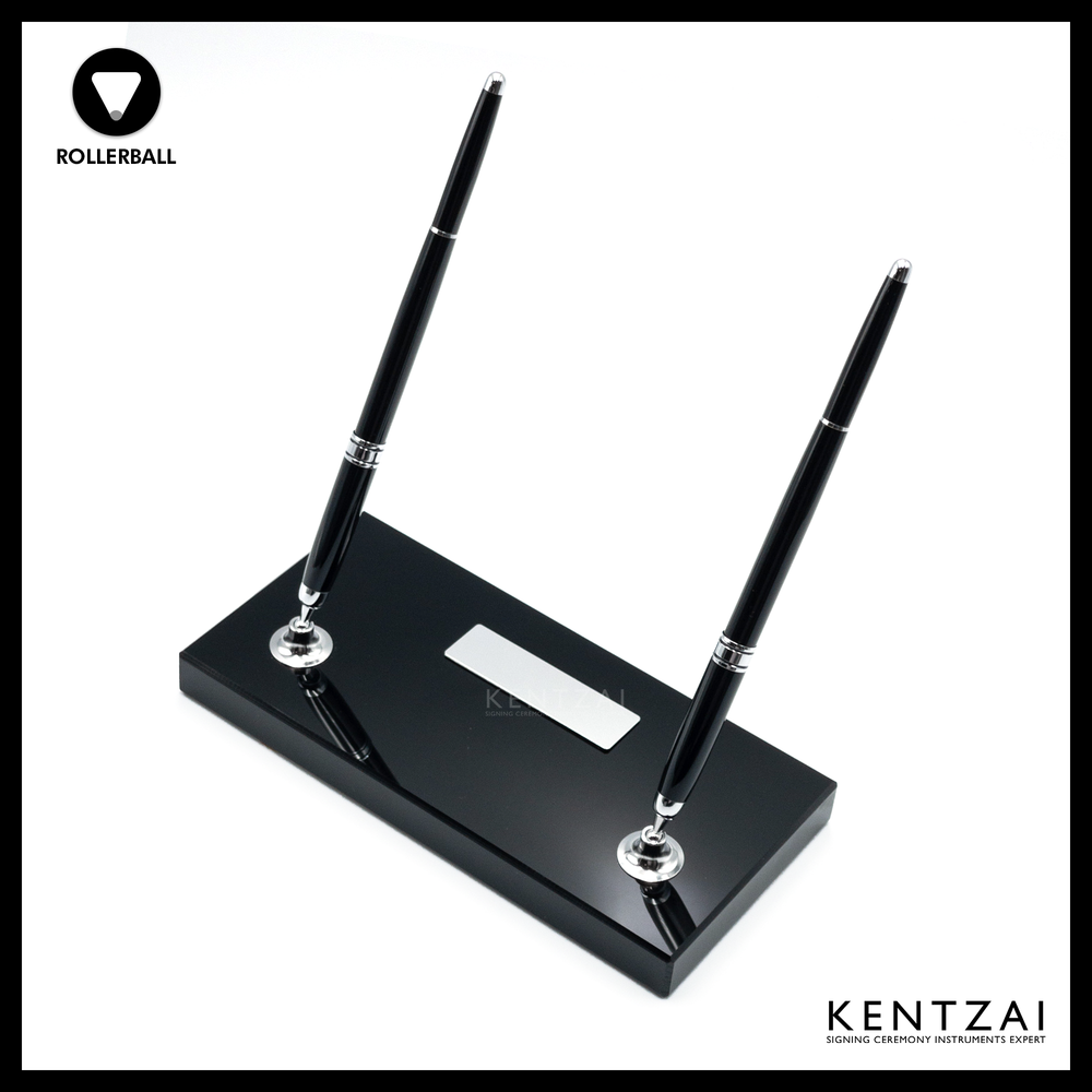 KENTZAI Desk Pen Stand - Full Black Shinny RESIN Chrome Trim (DOUBLE Pens) - ROLLERBALL - Signing Ceremony Set - KSGILLS.com | The Writing Instruments Expert