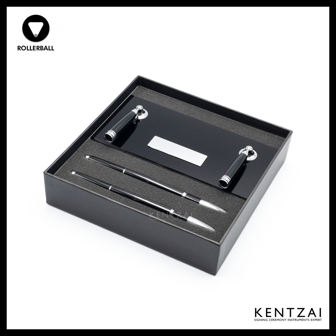 KENTZAI Desk Pen Stand - Full Black Shinny RESIN Chrome Trim (DOUBLE Pens) - FULL CHROME ROLLERBALL - Signing Ceremony Set - KSGILLS.com | The Writing Instruments Expert