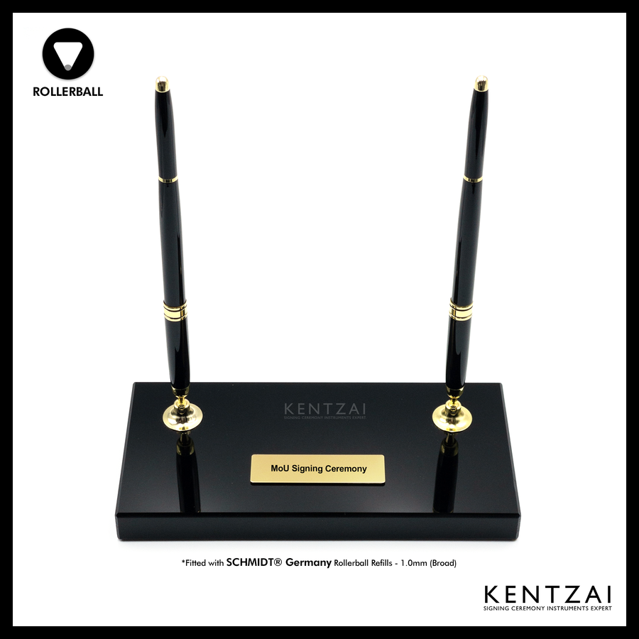 KENTZAI Desk Pen Stand - Full Black Shinny RESIN Gold Trim (DOUBLE Pens) - ROLLERBALL - Signing Ceremony Set - KSGILLS.com | The Writing Instruments Expert