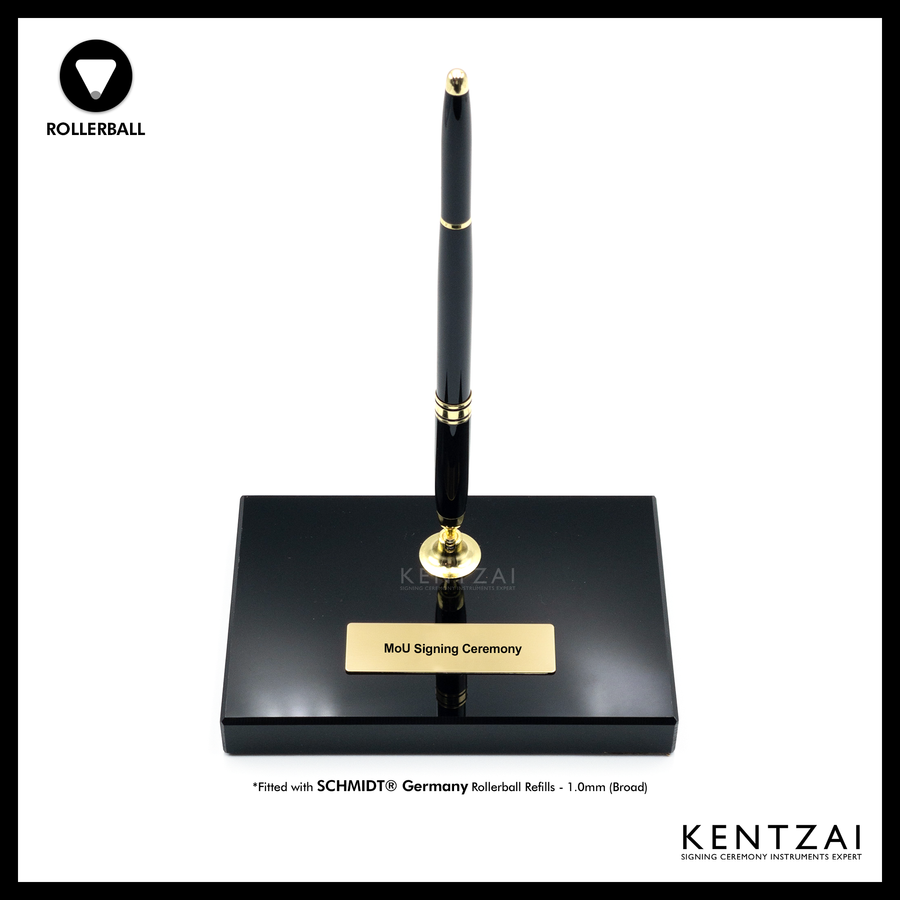 KENTZAI Desk Pen Stand - Full Black Shinny RESIN Gold Trim (SINGLE Pen) - ROLLERBALL - Signing Ceremony Set - KSGILLS.com | The Writing Instruments Expert