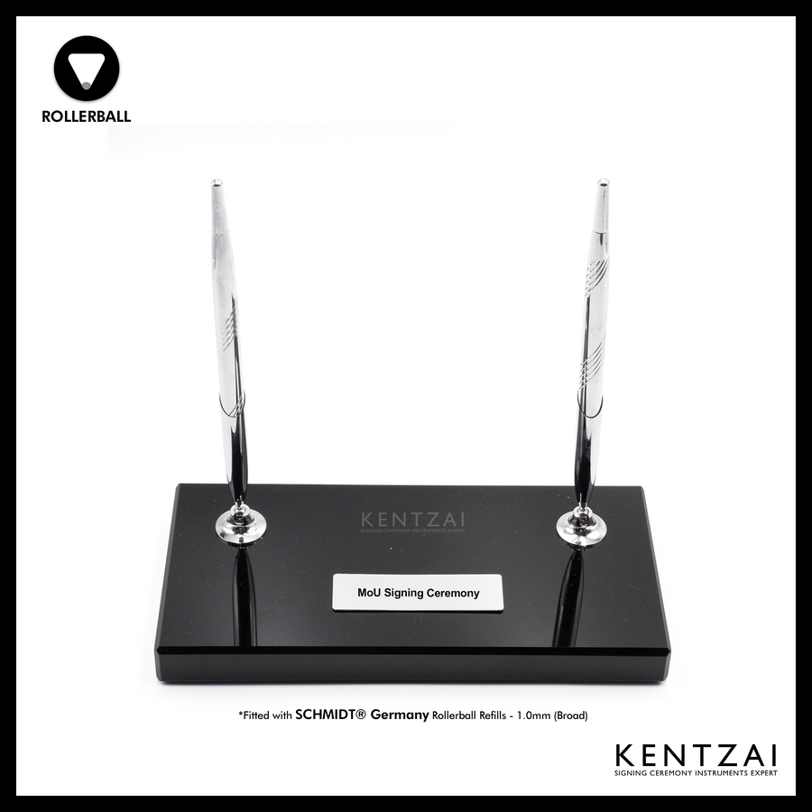 KENTZAI Desk Pen Stand - Full Black Shinny RESIN Chrome Trim (DOUBLE Pens) - FULL CHROME ROLLERBALL - Signing Ceremony Set - KSGILLS.com | The Writing Instruments Expert